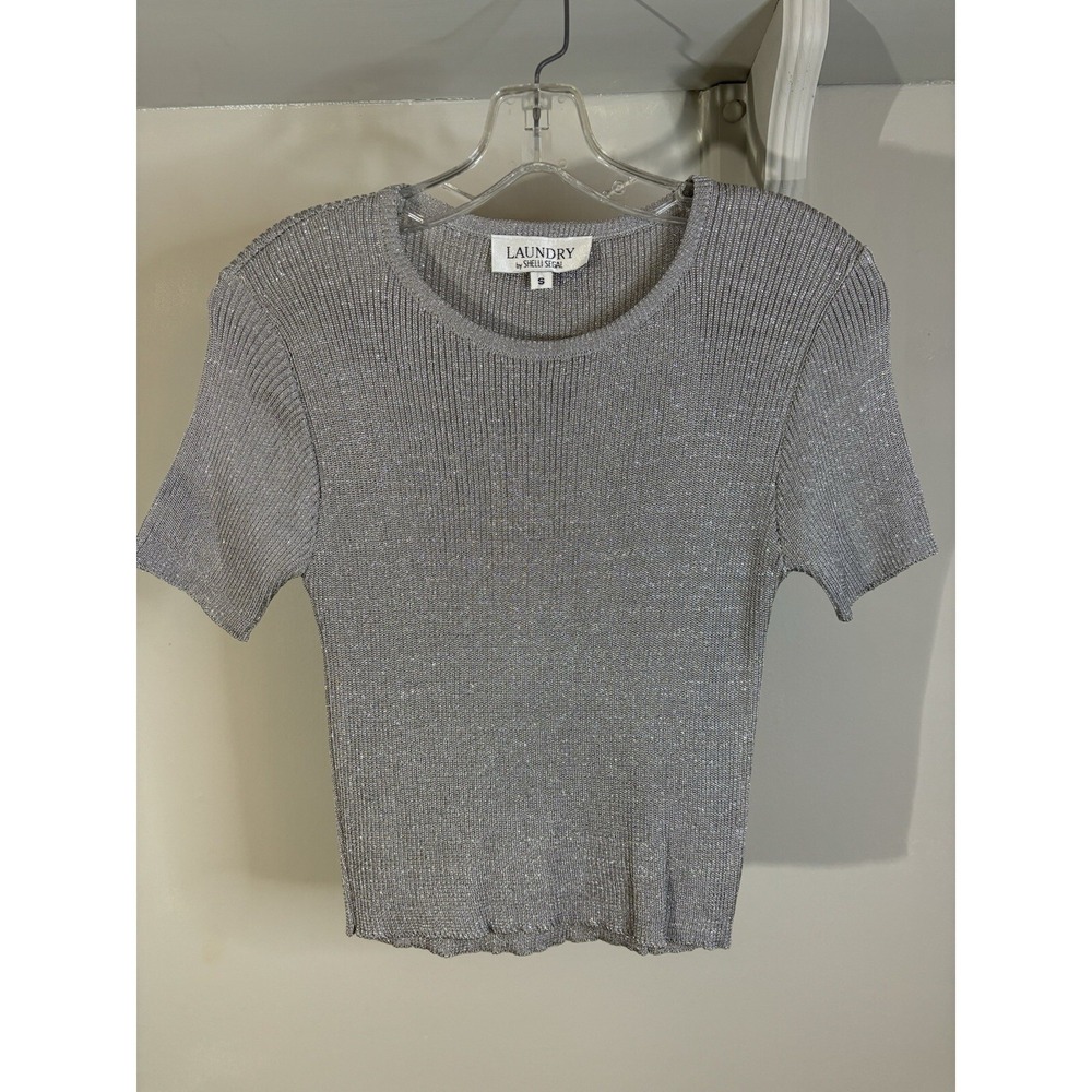 VTG LAUNDRY by Shelli Segal Silver Short Sleeve Sweater S 80's 90's Sparkly‎
